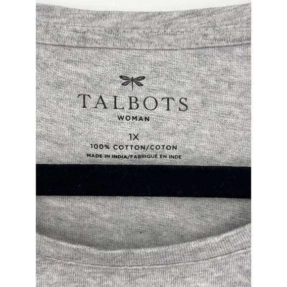 Talbots Cotton Tee T-Shirt 3/4 Sleeve Causal Sequin Birds Gray Size 1X - Picture 4 of 5